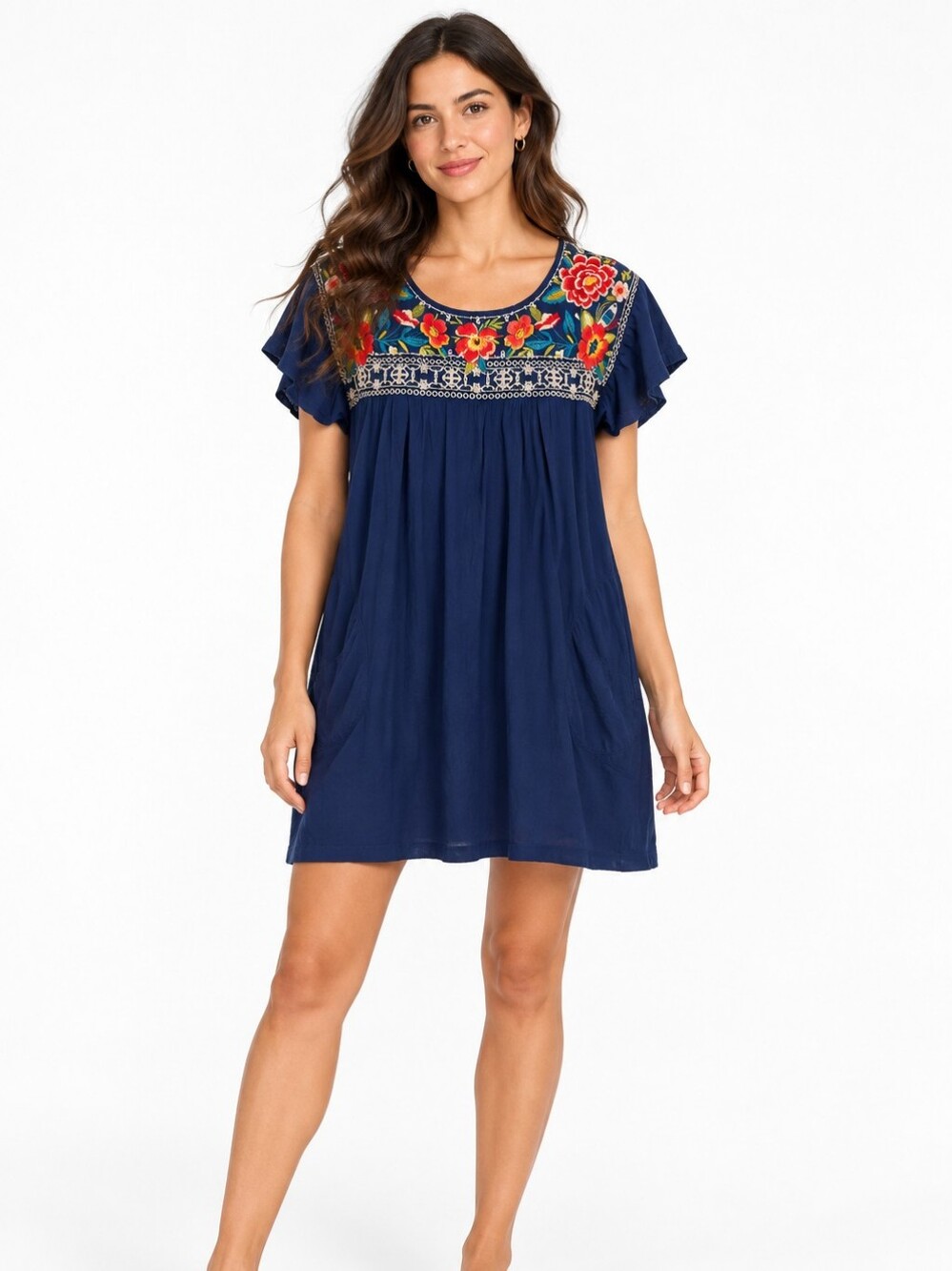 Johnny Was Navy Floral Embroidered Cotton Mini Dress S Boho Pockets